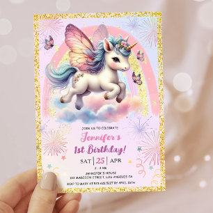 Girl Unicorn Gold Glitter Pink 1st Birthday Party Invitation