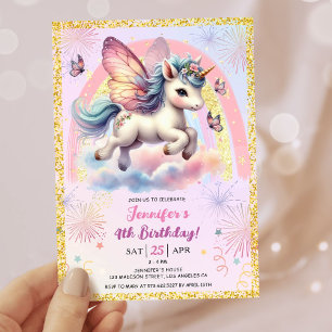 Girl Unicorn Gold Glitter Pink 4th Birthday Party Invitation