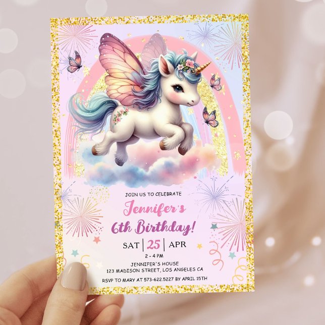 Girl Unicorn Gold Glitter Pink 6th Birthday Party Invitation (#UnicornBirthdayInvitation #UnicornBirthdayInvitationTemplate #UnicornBirthdayInvitationEditable)
