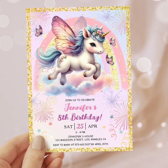 Girl Unicorn Gold Glitter Pink 8th Birthday Party Invitation (#UnicornBirthdayInvitation #UnicornBirthdayInvitationTemplate #UnicornBirthdayInvitationEditable)
