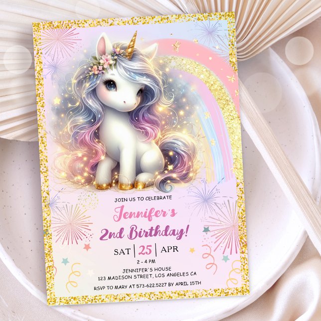 Girl Unicorn Pink Gold Glitter 2nd Birthday Party Invitation (#UnicornBirthdayInvitation #UnicornBirthdayInvitationTemplate #UnicornBirthdayInvitationEditable 
)