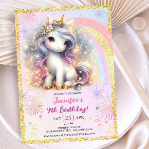 Girl Unicorn Pink Gold Glitter 9th Birthday Party Invitation