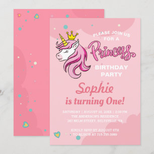 Girl Unicorn Princess Kids Baby Birthday Party Invitation