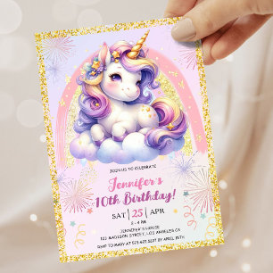 Girl Unicorn Purple Pink Gold 10th Birthday Party Invitation