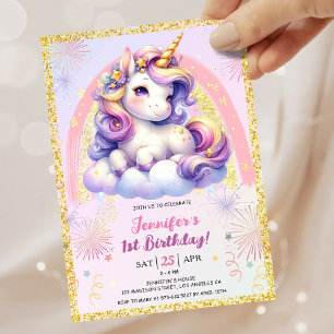 Girl Unicorn Purple Pink & Gold 1st Birthday Party Invitation
