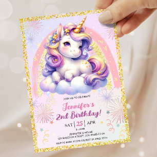 Girl Unicorn Purple Pink & Gold 2nd Birthday Party Invitation