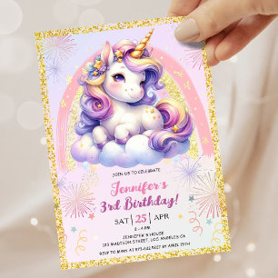 Girl Unicorn Purple Pink & Gold 3rd Birthday Party Invitation