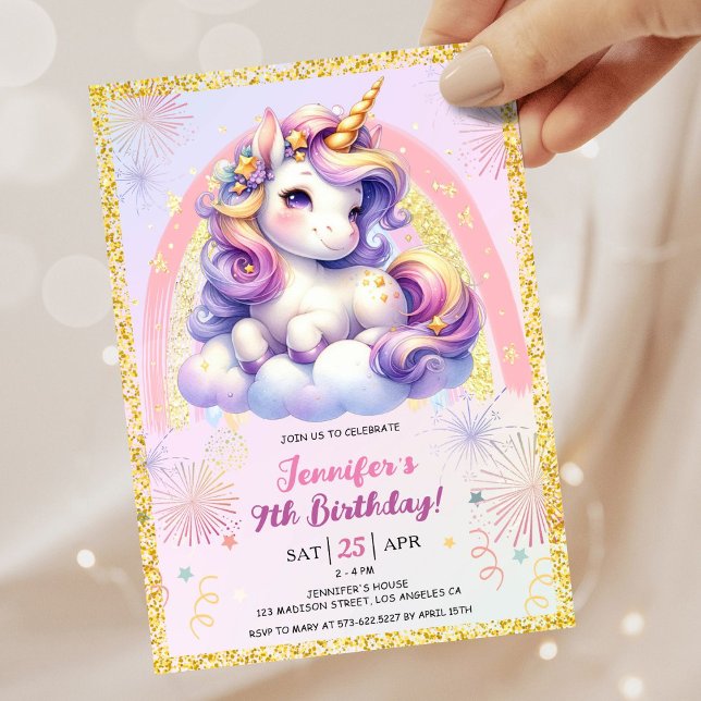 Girl Unicorn Purple Pink & Gold 9th Birthday Party Invitation (#UnicornBirthdayInvitation #UnicornBirthdayInvitationTemplate #UnicornBirthdayInvitationEditable 
)