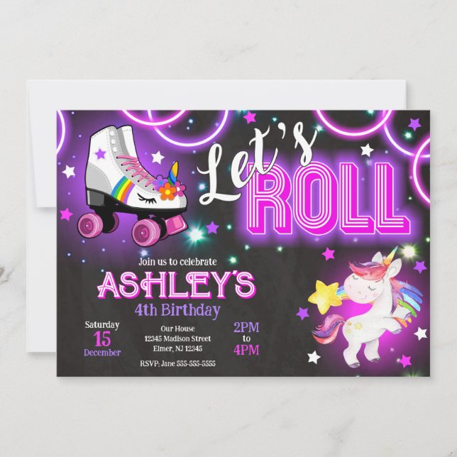 Girl Unicorn Roller Skating Birthday Neon Glow Invitation (Front)