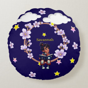 Girl using her imagination round cushion