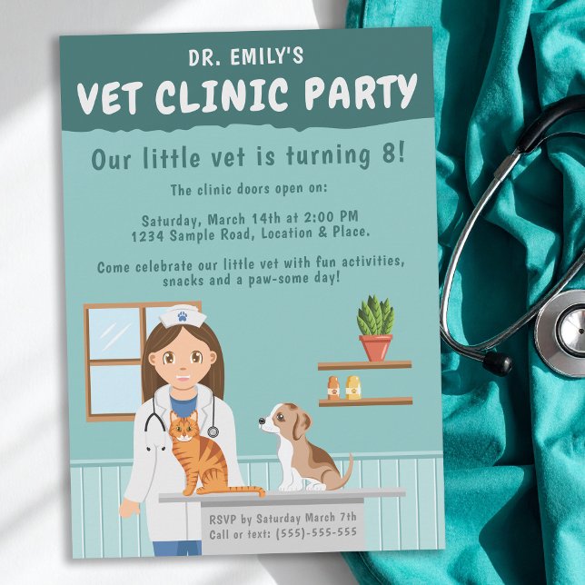 Girl Veterinarian Vet Animal Clinic Kids’ Birthday Invitation (Creator Uploaded)