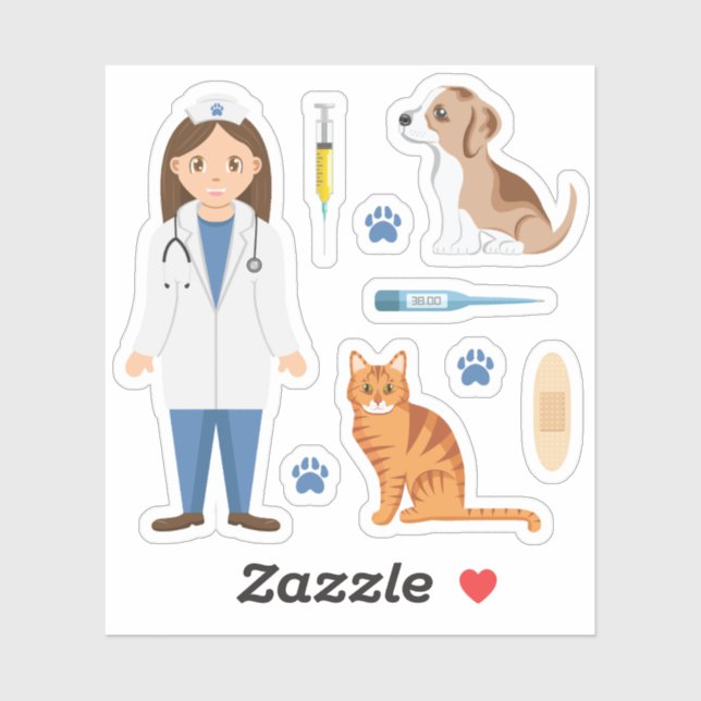 Girl Veterinarian With Puppy Cat And Vet Things (Sheet)