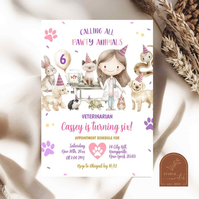 Girl Veterinary Animals Kids Birthday Party Invitation (Creator Uploaded)