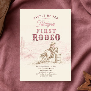 Girl Vintage Pink First Rodeo 1st Birthday Invitation