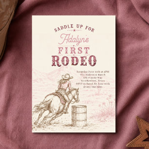 Girl Vintage Pink First Rodeo 1st Birthday Invitation