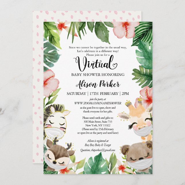 Girl Virtual Baby Shower | Masked Safari Friends Invitation (Front/Back)