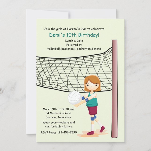 Girl Volleyball Player Birthday Party Invitations (Front)