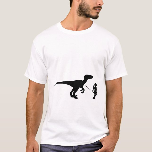 Girl Walking Her Pet Dinosaur Funny Gag Gift Idea T-Shirt (Front)