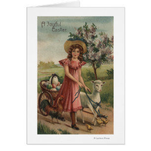 Girl Walking Lamb, Chick, and Rooster