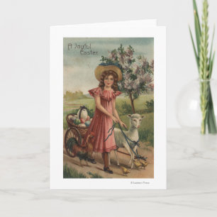 Girl Walking Lamb, Chick, and Rooster Holiday Card