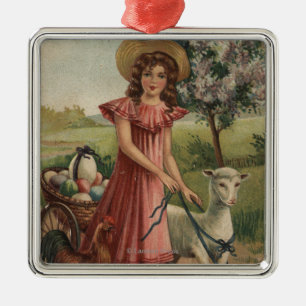 Girl Walking Lamb, Chick, and Rooster Metal Tree Decoration