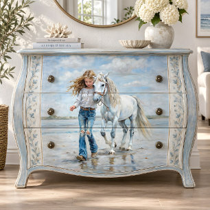 Girl Walks White Horse Beach Farmhouse Decoupage Tissue Paper