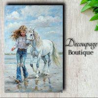 Girl Walks White Horse Beach Farmhouse Decoupage