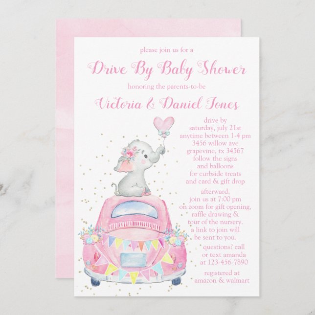 Girl Watercolor Elephant Car Drive By Baby Shower Invitation (Front/Back)