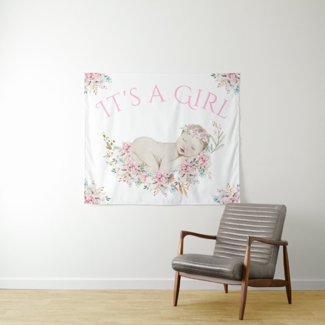 Girl Watercolor Floral Baby Shower Backdrop Banner Tapestry (In Situ (Horizontal))
