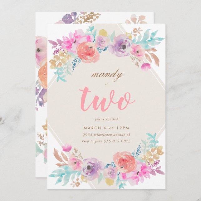 Girl Watercolor Flowers Second Birthday Invitation (Front/Back)