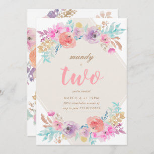 Girl Watercolor Flowers Second Birthday Invitation