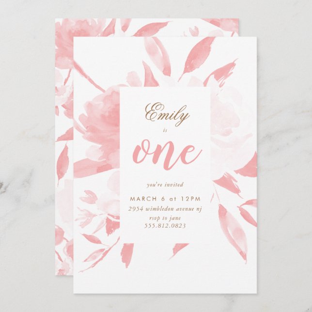 Girl Watercolor Pink First Birthday Invitation (Front/Back)