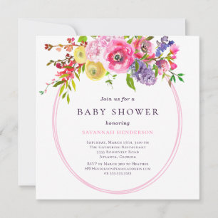 Girl Watercolor Pink Floral Baby Shower Invitation
