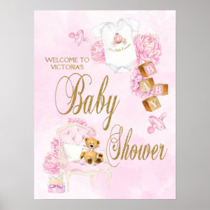 Girl Watercolor Pink Gold Baby Shower Sign