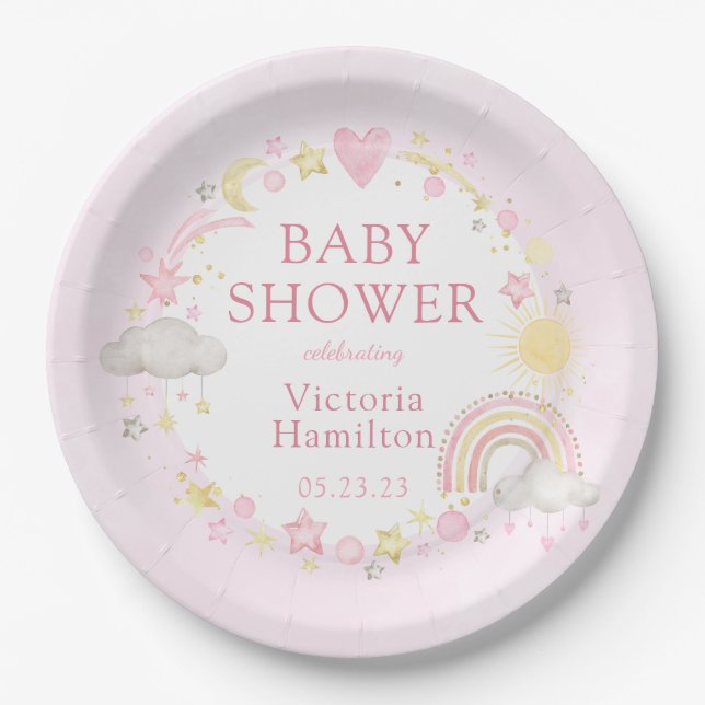 Girl Watercolor Rainbow Baby Shower Paper Plate (Front)