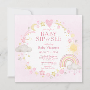 Girl Watercolor Rainbow Baby Sip And See Invitation