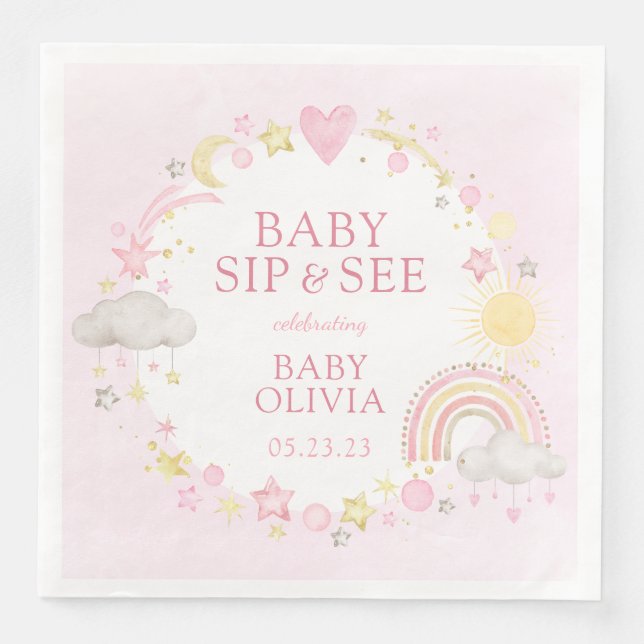 Girl Watercolor Rainbow Baby Sip And See Napkin (Front)