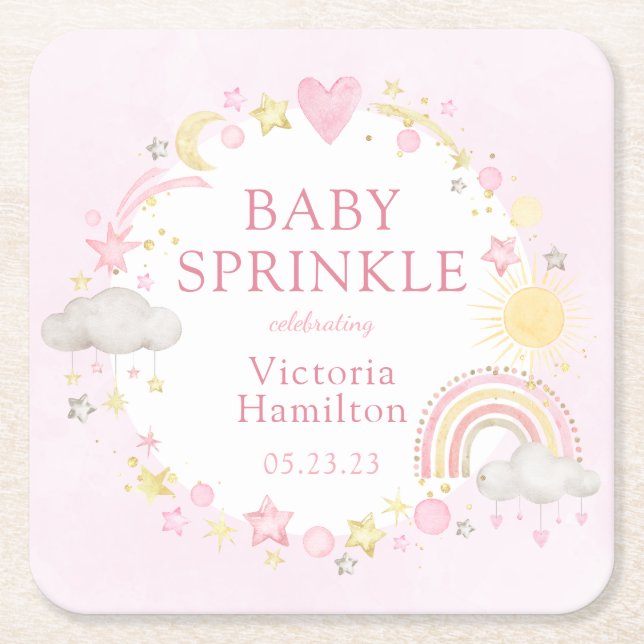 Girl Watercolor Rainbow Baby Sprinkle Square Paper Coaster (Front)