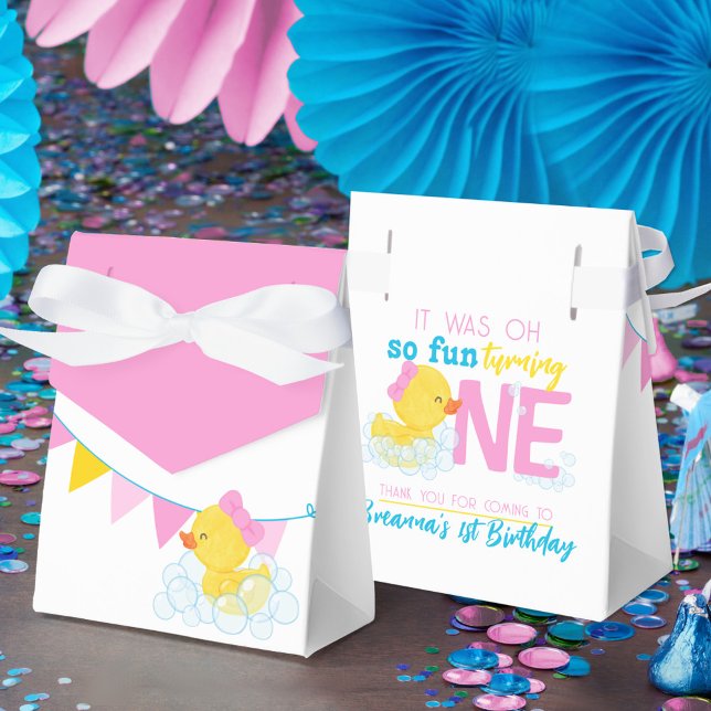 Girl Watercolor Rubber Duck 1st Birthday Treat Favour Box (Girl Watercolor Rubber Duck 1st Birthday Party Favor Gift Boxes in Pink, Blue, Yellow on White)