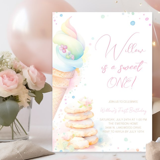 Girl Watercolor Sweets Sweet One First Birthday Invitation (Pretty pastel sweet one first birthday invitation. Simply add your event details.)