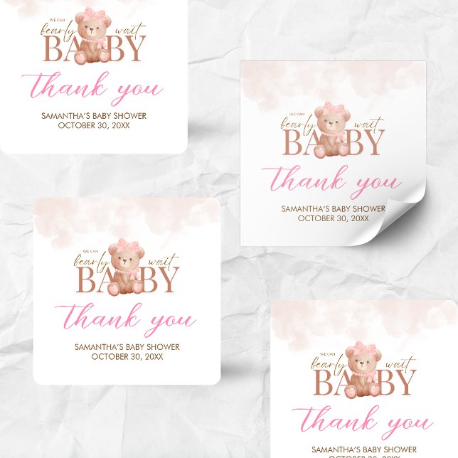 Girl We Can Bearly Wait Baby Showerer Square Sticker (We Can Bearly Wait Pink Bear Baby Shower Sticker)