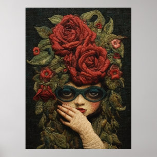 Girl Wearing Goggles and Roses Embroidery Art Poster