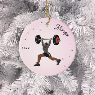 Girl Weightlifting Working Out Name & Year Pink Ceramic Ornament