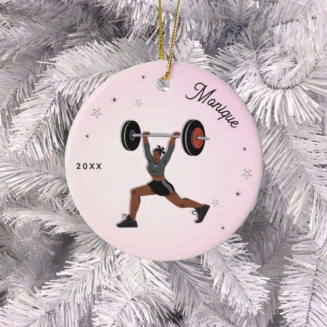 Girl Weightlifting Working Out Name & Year Pink Ceramic Ornament (Creator Uploaded)