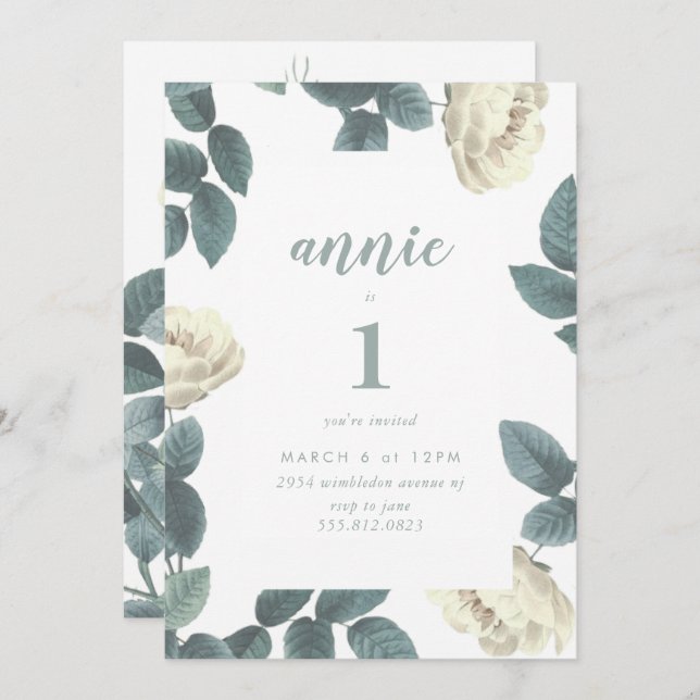 Girl White and Green First Birthday Invitation (Front/Back)