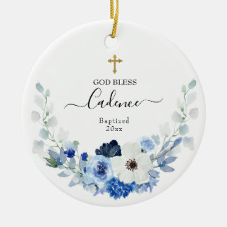 Girl White blue Floral Baptised Ceramic Ornament