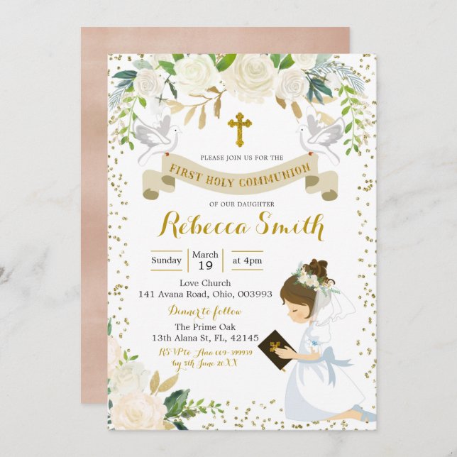 Girl White Floral First Holy Communion Invitation (Front/Back)