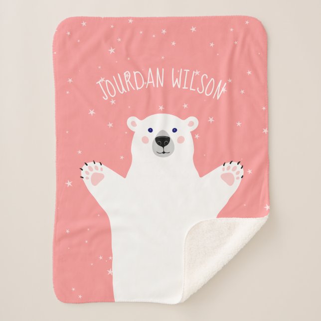 Girl White Polar Bear Gray Pink Baby Sherpa Blanket (Front)