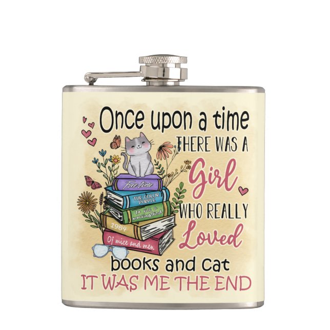 Girl Who Loves Books and Cats Hip Flask (Front)