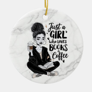 Girl Who Loves Books & Coffee Custom Black & White Ceramic Ornament